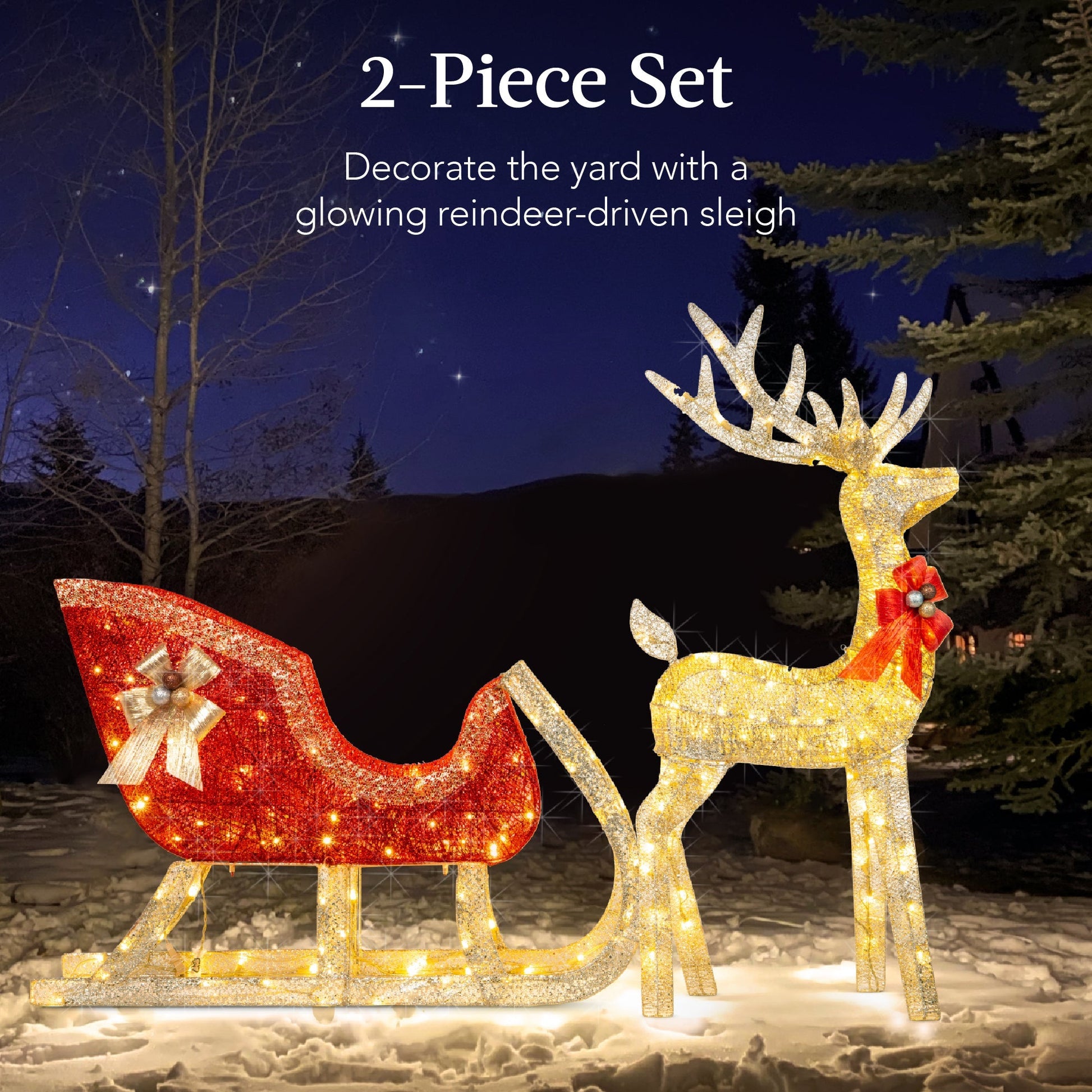 Lighted Christmas Reindeer & Sleigh Outdoor Decor Set w/ LED Lights