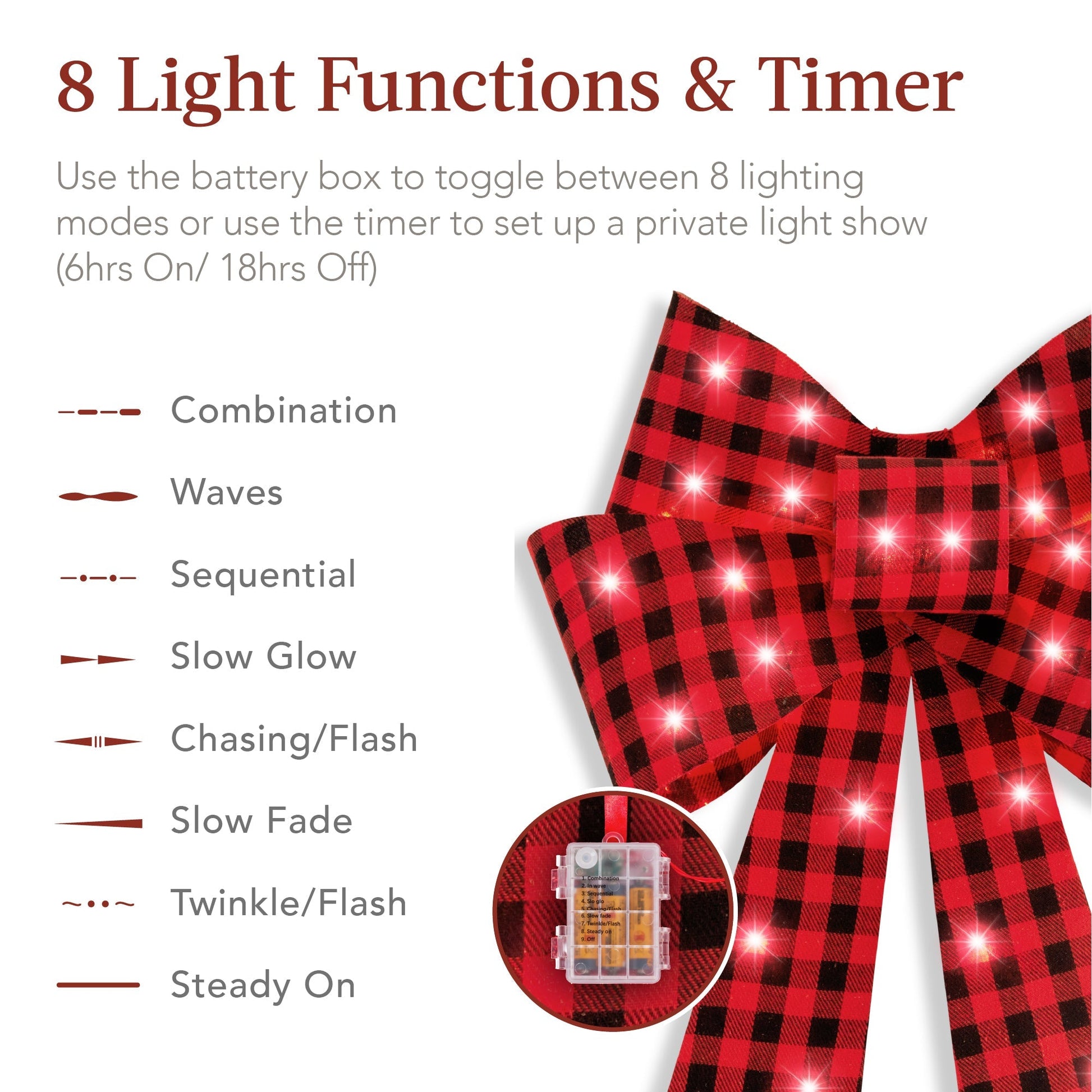 Set of 3 Pre-Lit Christmas Bow Decoration, LED Holiday Decor w/ 8 Functions