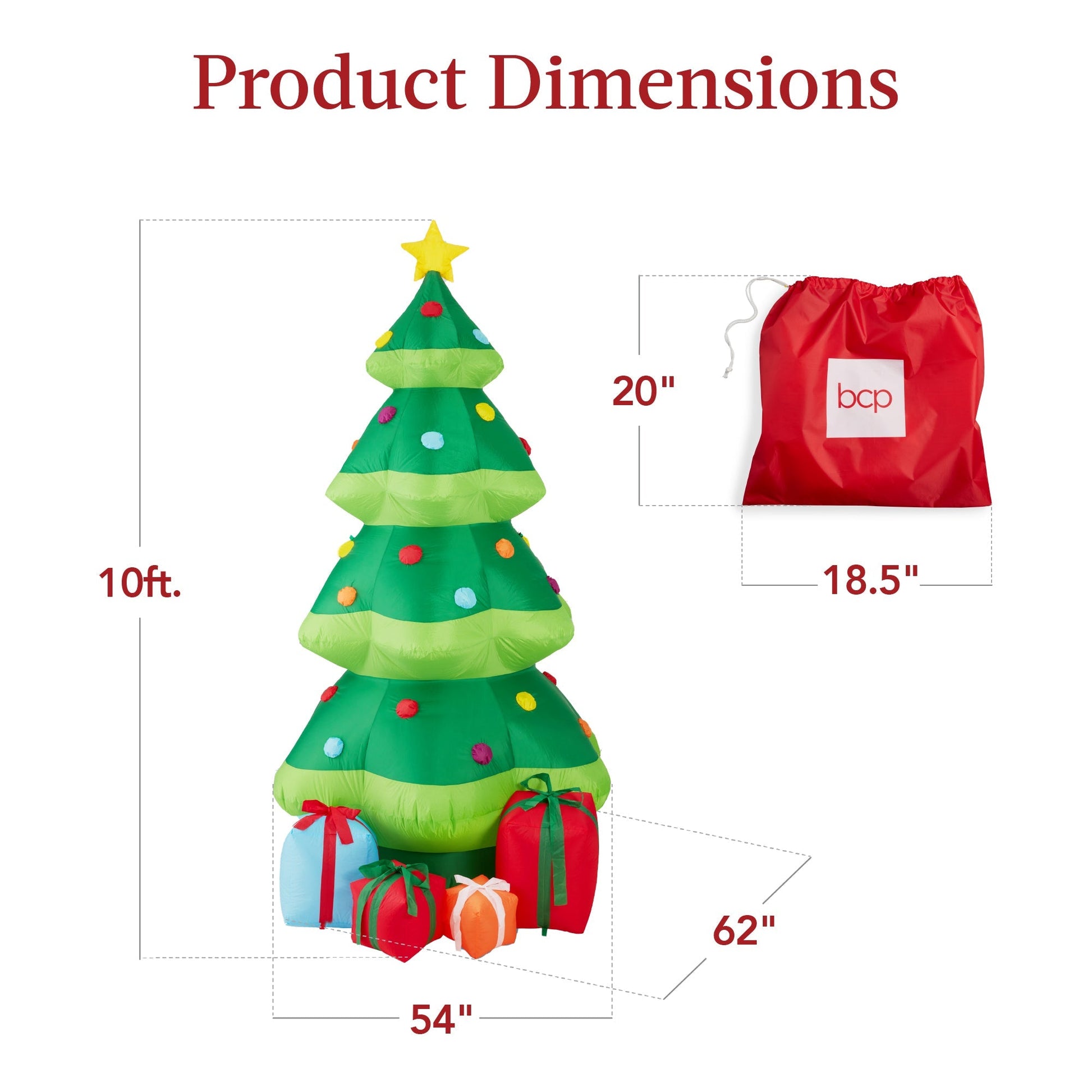 Inflatable Christmas Tree Outdoor Blow Up Decor w/ 10 LED Lights - 10ft