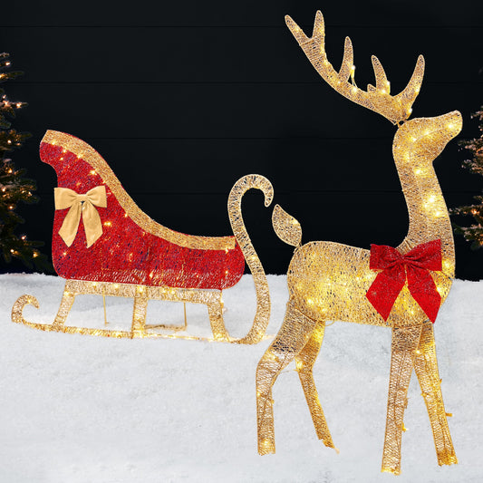 Lighted 2D Outdoor Christmas Reindeer & Sleigh Set w/ Warm White LED Lights