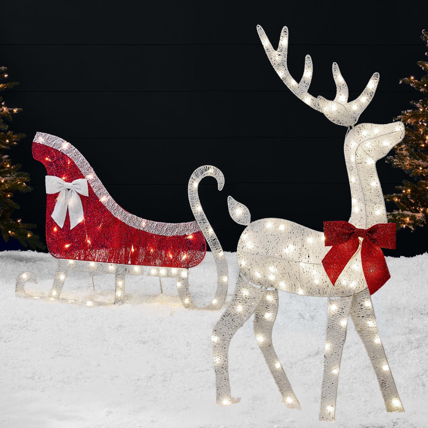 Lighted 2D Outdoor Christmas Reindeer & Sleigh Set w/ Warm White LED Lights