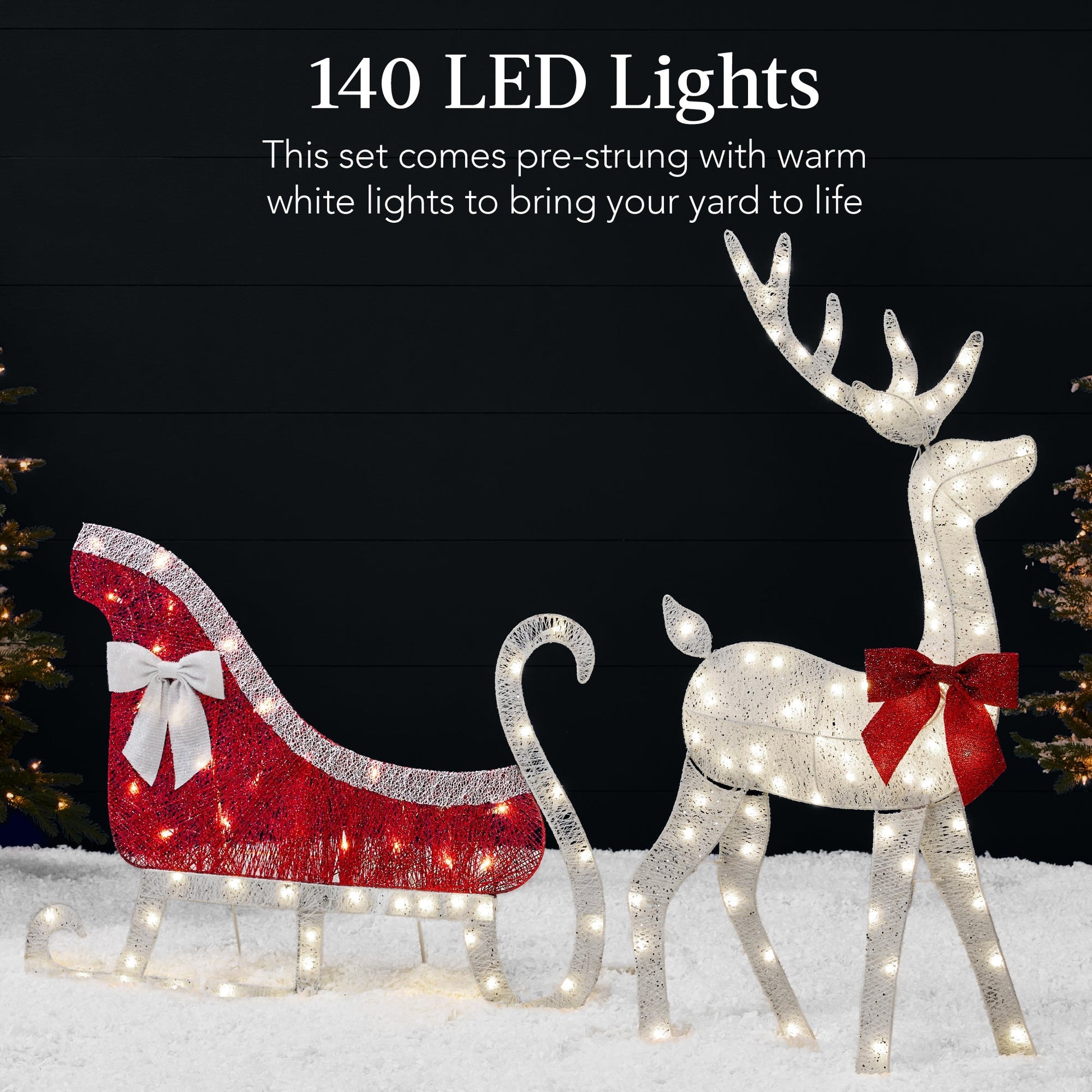 Lighted 2D Outdoor Christmas Reindeer & Sleigh Set w/ Warm White LED Lights