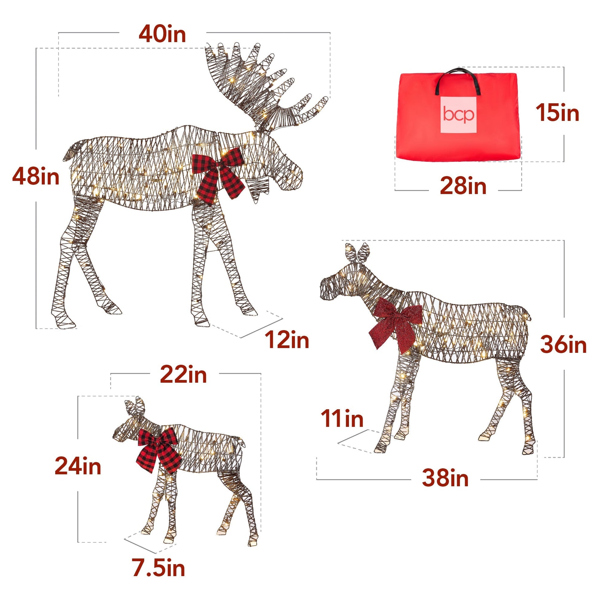 3-Piece Lighted 2D Christmas Moose Set Outdoor Decor w/ 195 LED Lights - 4ft