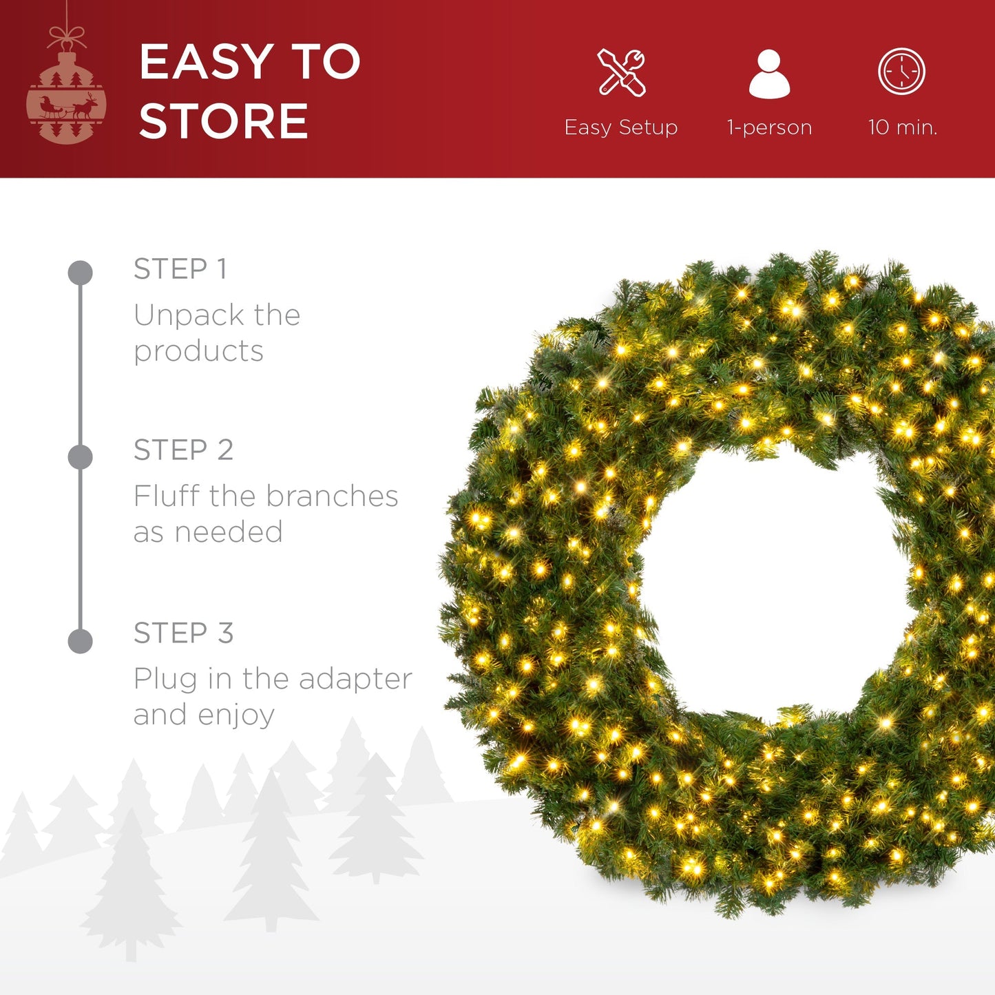 Pre-Lit Artificial Fir Christmas Wreath w/ LED Lights, Plug-In, PVC Tips